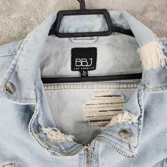 Womens BBJ Distressed Blue Denim Crop Jacket Studded Cuffs Full Zip Size S - Picture 4 of 11